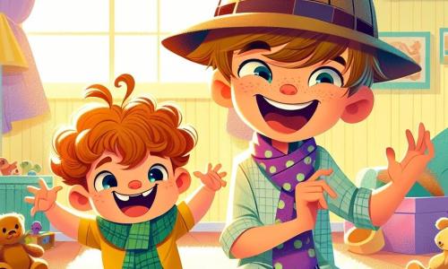 A 6-year-old boy named Max, with messy brown hair and sparkling mischievous eyes, is wearing a large detective hat. He is sitting on the floor, laughing heartily with a big joyful smile. Next to him is his 3-year-old brother Leo, with curly hair and chubby cheeks, wearing a green scarf with purple polka dots that makes him even cuter. Leo is doing a funny crab dance, arms outstretched, with a playful look. The scene takes place in a bright living room with pastel yellow walls, a fluffy rug, and toys scattered around. Sunbeams filter through the window, filling the room with a soft golden light. The two brothers are playing 