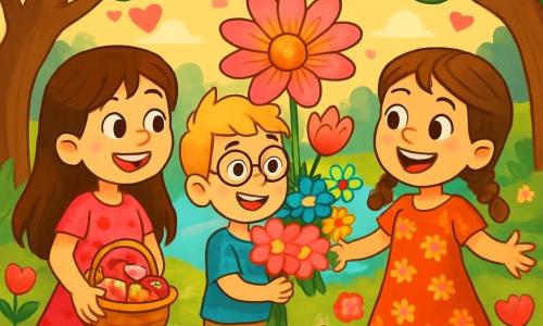 There are three characters: Lucy, a 10-year-old girl with long brown hair and sparkling eyes, wearing a pink dress with heart patterns and holding a basket full of treats. She stands on the left, smiling and full of enthusiasm. Max, a 10-year-old boy with messy blonde hair and round glasses, wears a blue t-shirt and beige shorts, holding a large bouquet of colorful flowers. He is in the center, excitedly looking at Lucy and Emily. Emily, a 10-year-old girl with brown hair in braids, wears a red dress with floral patterns and has a big smile. She is on the right, arms open, amazed by the surprise her friends have for her. The main setting is a charming riverside corner, surrounded by heart-shaped trees shimmering in the sunlight, with colorful flowers, including roses and tulips, scattered on the green ground. Twinkling light garlands hang from the branches, creating a magical and festive atmosphere. The main situation shows Lucy and Max presenting Emily with the magnificent 