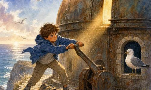 A boy, Milo, about 10, expressive face, messy brown hair, determined and slightly awed with a furrowed brow, both hands on a large rusty metal lever pushing with effort, legs apart, wearing a blue windbreaker and a canvas backpack at his feet; a gray-and-white seagull with a stern, comical look perches on a nearby windowsill watching like a little maritime judge; on a stone platform atop a steep cliff stained with salt and lichen stand weathered metal domes, the sea glinting silver on the horizon and a breeze lifting grasses and clothing; Milo operates the lever of an old observatory as the dome begins to turn, a golden slit of light opens and a sunbeam cuts through suspended dust, evoking a calm, brave sense of discovery.