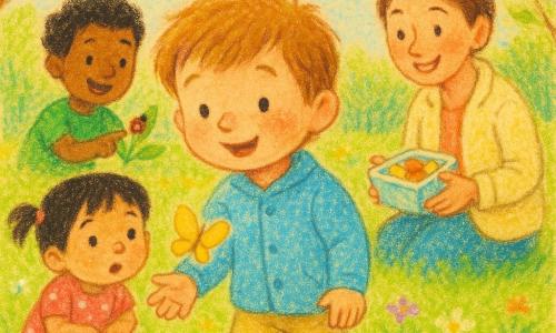 Un niño de 4 años, Lucas, con pelo castaño claro en mechones, mejillas redondas y piel clara con pecas de sol, sonríe con ojos grandes mientras extiende la mano hacia una pequeña mariposa amarilla; a su izquierda, Sofía, de unos 4 años, con dos coletas y vestido rosa con lunares blancos, se agacha mirando la mariposa con asombro; detrás de Lucas está Mateo, unos 5 años, cabello rizado oscuro y camiseta verde, señalando una mariquita roja en una hoja; a la derecha, la madre de Lucas, mujer de ~30 años con cabello castaño recogido y chaqueta crema, sonríe sosteniendo una caja de frutas; escena en un parque primaveral luminoso con césped verde, flores pequeñas y árboles de hojas tiernas, cielo azul pálido y una atmósfera suave en tonos pastel con textura de pastel graso y contrastes suaves.