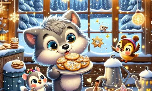 In the center of the image, Little Wolf, a young wolf with sparkling eyes and soft gray fur, joyfully smiles while holding a large plate of snowflake-shaped cookies. He is surrounded by gently falling snowflakes, adding a magical touch to the scene. To his right, Birdie, a small colorful bird with yellow and blue feathers, happily flies while holding a string of twinkling lights in her paws, looking excited and humming cheerfully. To the left, Squeaky, a small brown mouse with round, bright eyes, is pouring hot chocolate into cups, her face beaming with happiness and concentration. The setting is a cozy wooden kitchen, decorated with string lights and snowflakes hanging on the walls. A large window reveals a snowy landscape outside, with snow-covered pine trees. The main scene shows Little Wolf and his friends preparing for their New Year's party, surrounded by delicious treats and decorations, ready to celebrate together in a festive and joyful atmosphere.