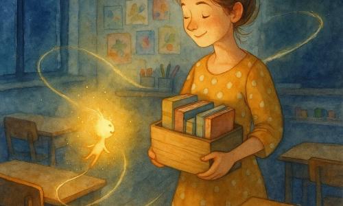 Uma professora sorridente e serena, cabelo castanho claro preso num coque solto, vestindo um vestido mostarda com bolinhas brancas, segura uma caixa de livros de madeira contra o peito e caminha devagar por uma sala de aula noturna; um pequeno Gizinho Luminoso, como um brilho dourado, flutua à altura de uma criança emitindo faíscas e girando em espiral perto da caixa; fileiras de carteiras de madeira envernizada criam profundidade até um quadro-negro levemente brilhante, paredes com cartazes rasgados e desenhos infantis colados, e uma prateleira baixa com giz e potes de pincéis; a luz principal é um brilho quente vindo do Gizinho que ilumina rostos e livros contra a escuridão azulada da janela; cena: a professora descobre a magia da sala à noite, com expressão maravilhada e postura calma e protetora, enquanto a pequena luz guia três caminhos de luz como fitas flutuantes.