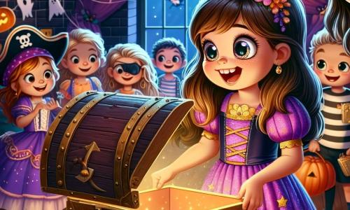 Uma menina de 6 anos, Sofia, com longos cabelos castanhos e olhos brilhantes de curiosidade, usa um vestido de bruxinha roxo decorado com estrelas douradas. Ela sorri maravilhada ao descobrir um velho baú misterioso em sua sala de aula decorada para o Halloween. Ao seu lado, a professora, uma mulher de cerca de 30 anos com óculos e cabelo castanho preso, sorri de forma cúmplice, segurando decorações de Halloween. No fundo, colegas de classe, um menino de 6 anos vestido de pirata e uma menina de 5 anos de princesa, observam animados, ansiosos para ver o que há no baú. A cena acontece em uma sala de aula colorida, cheia de decorações de Halloween: teias de aranha, abóboras sorridentes e fantasmas de papel flutuando no teto. A luz suave cria uma atmosfera misteriosa e encantadora. Sofia, cheia de entusiasmo, abre o baú e descobre o traje mágico que os levará a uma aventura incrível, enquanto seus amigos a cercam, fascinados pelo mistério que os aguarda.
