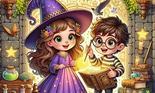 No centro da imagem, Clara, uma aprendiz de bruxa de sete anos, está com um olhar maravilhado e determinado. Ela tem longos cabelos castanhos, um vestido roxo adornado com estrelas cintilantes e segura uma pequena varinha mágica que brilha com uma luz dourada. Ao seu lado, Léo, seu melhor amigo de sete anos, usa óculos redondos e uma camiseta listrada, exibindo um sorriso entusiasmado enquanto segura um velho livro de magia aberto. Ao fundo, a cena se passa em uma antiga torre de pedra, coberta de hera e iluminada por lanternas flutuantes. Livros de magia e poções coloridas estão espalhados ao redor, criando uma atmosfera misteriosa e encantada. Clara e Léo se preparam para abrir uma porta antiga, adornada com runas cintilantes, revelando um mundo mágico dentro. A excitação e a aventura são visíveis em seus rostos, enquanto uma suave luz dourada emana da porta, prometendo descobertas extraordinárias.