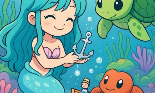 Luma, uma pequena sereia infantil, sorri concentrada com cabelo turquesa e cauda azul‑celeste perolada, segurando delicadamente uma pequena âncora prateada; Pola, uma tartaruga verde e amável, flutua atrás observando; um caranguejo laranja avermelhado de pinças desajeitadas ajuda a apoiar um minúsculo barco de madeira com um boneco marinheiro; cena num jardim submarino colorido — rochas arredondadas, anémonas rosa e violeta, algas verdes ondulantes e pequenas águas‑vivas luminosas — mostrando o momento sereno em que Luma encaixa a âncora no barco, com bolhas prateadas subindo e luz azul‑quente filtrando de cima, estilo mangá infantil, cores pastel vivas, traços suaves e contornos nítidos, atmosfera alegre.