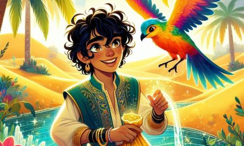 Aladdin, ein junger Mann mit schwarzen, lockigen Haaren, trägt eine bunte Tunika und leichte Hosen. Er hat ein hoffnungsvolles Lächeln und funkelnde Augen voller Entschlossenheit, während er einen kleinen Sack mit einem geheimnisvollen goldenen Samen in der Hand hält. Neben ihm fliegt Zazu, ein prächtiger Papagei mit bunten Federn, fröhlich um ihn herum und verleiht der Szene einen Hauch von Magie. Der Ort ist eine grüne Oase, umgeben von goldenen Sanddünen, mit majestätischen Palmen und strahlenden Blumen, die um eine kristallklare Wasserquelle blühen. Das Sonnenlicht spiegelt sich im Wasser und erzeugt funkelnde Lichtreflexe. Die Hauptsituation zeigt Aladdin, der neben der Quelle steht, bereit, den magischen Samen zu pflanzen, um seine Stadt zu retten, während Zazu ihn mit fröhlichen Schreien ermutigt. Die Atmosphäre ist voller Energie und Hoffnung und symbolisiert den Beginn eines großen Abenteuers zur Rettung der Natur.