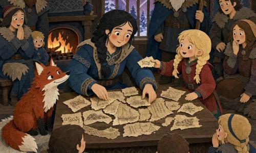 Astrid, round-faced with braided black hair and rosy skin, gently arranges weathered parchment fragments on a large wooden table while nine-year-old Ingrid, blond in pigtails and a red coat, excitedly hands a small piece; a mischievous red fox sits at Astrid’s feet looking up. The warm interior of a Viking longhouse—dark wooden beams, a blazing hearth, animal skins and frost-patterned windows glowing with violet twilight—frames villagers gathered around the firelit table, children on skins and an elder standing in the back, as Astrid reunites the old scroll. Visual style: paper-cut, flat contrasting colors, visible paper textures, crisp silhouettes and soft outlines in a winter palette of cold blues, warm reds and wood browns.