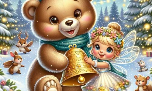 An illustration depicts a teddy bear with soft brown fur and sparkling joyful eyes, smiling widely while holding a large shiny bell, surrounded by a festive atmosphere. Next to him is a small fairy with shimmering wings, dressed in a gown made of flower petals, with golden hair that shines like stars. She smiles eagerly, ready to share the magic of Christmas. The setting is a snowy forest with trees covered in sparkling snow and twinkling garlands. Snowflakes gently fall, creating a magical ambiance. The main scene shows the bear and the fairy spreading Christmas magic, with stars shining around them and bursts of light illuminating the scene. Additional elements include woodland animals like rabbits and squirrels playing in the snow, along with children laughing in the distance, all united by the spirit of Christmas.