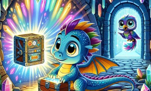 Un tânăr dragon cu solzi strălucitori de culoare albastră, cu ochi mari și curioși și un zâmbet uimit, stă în centrul scenei, explorând o cutie metalică strălucitoare. Lângă el, o creatură misterioasă, o pasăre cu pene multicolore și o coadă lungă, observă cu ochi mari și curioși, așezată pe o piatră, părând fascinată de dragon. Decorul este o peșteră întunecată, plină de cristale luminoase care reflectă culori vibrante pe pereții umedi, iar în fundal se vede o ușă strălucitoare care pare să ducă către o altă lume. În situația principală, dragonul Zuri apasă un buton pe panoul mașinii timpului, iar lumina orbitoare începe să se răspândească în jurul lui, creând un spectacol de culori care dansează în aer, în timp ce se pregătește să pornească într-o aventură în trecut.
