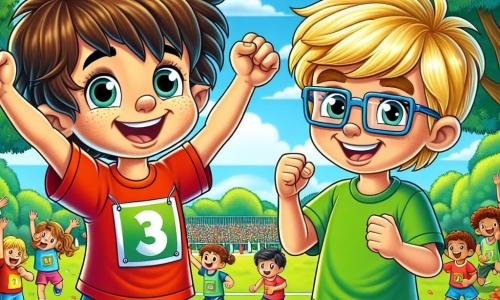 Um garoto de 8 anos, chamado João, está no centro da imagem, com cabelos castanhos bagunçados e um grande sorriso no rosto. Ele usa uma camiseta vermelha e um short azul, com os braços levantados em sinal de vitória, mostrando sua alegria e confiança após terminar uma corrida. À sua direita, seu melhor amigo Pedro, também um garoto de 8 anos, com cabelos loiros e óculos, aplaude entusiasticamente, vestindo uma camiseta verde e um short preto. Ao fundo, o parque de Alegria está cheio de flores coloridas e árvores majestosas, com crianças brincando e rindo ao redor. O céu está azul e ensolarado, acrescentando uma atmosfera alegre à cena. A situação principal mostra João e Pedro celebrando juntos após a corrida, cercados por outras crianças que os incentivam, ilustrando o tema da confiança em si mesmo e da amizade.