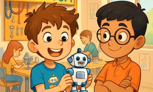 Un ragazzo di 10 anni, Davide, ha i capelli castani disordinati e occhi pieni di curiosità. Indossa una maglietta blu brillante con un motivo di robot e pantaloni corti di jeans. Sorride con entusiasmo, tenendo un piccolo robot di plastica in mano, come se avesse appena fatto una grande scoperta. Accanto a lui, Samir, un ragazzo di 10 anni con capelli neri e occhiali rotondi, guarda il robot con ammirazione, con le braccia incrociate e un sorriso complice. Sullo sfondo, un grande pannello colorato indica il laboratorio di robotica, pieno di fili colorati e strumenti brillanti, mentre bambini si affaccendano attorno a tavoli da lavoro. La scena si svolge in una stanza luminosa e accogliente, con finestre che lasciano entrare la luce del sole e disegni di bambini appesi alle pareti. Davide e Samir condividono il loro entusiasmo per la creazione di robot, circondati da un'atmosfera di gioia e amicizia.