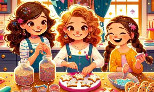 Três meninas de cinco anos, Ana, Beatriz e Clara, estão reunidas em uma cozinha acolhedora e colorida. Ana, com cabelos cacheados e um sorriso radiante, decora um biscoito em forma de estrela com glacê rosa. Beatriz, com cabelos loiros e olhos brilhantes, segura um pote de purpurina colorida, pronta para polvilhar em um biscoito em forma de floco de neve. Clara, com cabelos castanhos e tranças, ri alegremente enquanto segura um grande rolo de papel colorido para fazer convites. A cozinha está cheia de decorações de festa, com guirlandas brilhantes no teto e luzes coloridas. As três amigas estão se preparando para a festa de Ano Novo, rindo e se divertindo juntas, criando memórias inesquecíveis.