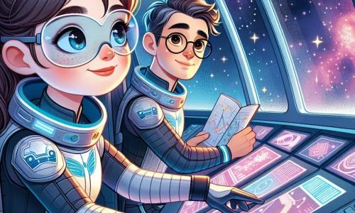 Valeria, una joven de 29 años, está de pie dentro de la cabina de pilotaje de su nave espacial, la "Estrella Brillante". Tiene el cabello largo y castaño recogido en una coleta, ojos brillantes de curiosidad y una sonrisa decidida. Lleva un traje espacial futurista en tonos plateados y azules, y ajusta los controles con concentración, su rostro iluminado por las luces de las pantallas de control. A su lado, Leo, un joven de 25 años, está sentado en el asiento del copiloto. Tiene el cabello corto y castaño, gafas redondas que se deslizan por su nariz, y mira las pantallas con una expresión de emoción y preocupación. Sostiene un panel de control, listo para ayudar en la navegación. La escena transcurre en el espacio, dentro de la nave, donde ventanas panorámicas ofrecen una vista espectacular de un sistema estelar vibrante de colores. Estrellas brillantes y nebulosas en tonos rosas y violetas iluminan la oscuridad del cosmos. La situación principal muestra a Valeria y Leo en plena acción, tratando de estabilizar la nave tras detectar una anomalía en su trayectoria. Luces intermitentes y alertas sonoras crean una atmósfera de tensión, mientras intercambian miradas decididas, listos para enfrentar el desafío de lo desconocido.