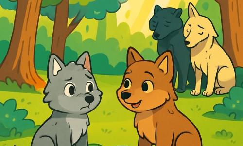 In einer sonnigen Lichtung im Wolkenwald sitzt ein kleiner Wolf namens Luno mit weichem grauem Fell und neugierigen Augen auf einem Teppich aus grünem Moos, besorgt, aber entschlossen. An seiner Seite schaut seine große Schwester Nira, eine hellbraune Wölfin mit funkelnden Augen, ihn unterstützend an, die Ohren leicht aufgerichtet, bereit zuzuhören. Im Hintergrund stehen ihre Eltern, ein schwarzer Wolf und eine cremefarbene Wölfin, in einiger Entfernung mit besorgten Gesichtern und gesenkten Augen, als ob sie über vergangene Streitigkeiten nachdenken. Die Lichtung ist von majestätischen Bäumen mit leuchtend grünen Blättern umgeben, und Sonnenstrahlen dringen durch das Blätterdach, was eine warme und beruhigende Atmosphäre schafft. Die Szene fängt den Moment ein, in dem Luno das Wort ergreift, um eine Familienbesprechung vorzuschlagen, was Hoffnung und Versöhnung symbolisiert.