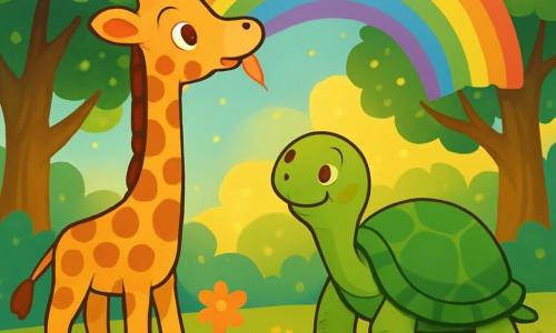 Een blije giraffe met een lange, gevlekte hals in bruin en crème, met sprankelende ogen van opwinding, staat in het midden van een betoverende open plek. Ze kijkt verwonderd naar een prachtige regenboog die boven haar een schitterend kleurenpalet vormt. Naast haar beweegt een oude, wijze schildpad met een groene schild en zachte ogen zich langzaam voort, terwijl hij de giraffe met een welwillende glimlach observeert. De plek is een magisch bos, met majestueuze bomen met glinsterende bladeren, stralende bloemen in alle kleuren en een gouden licht dat door de takken filtert. De giraffe, vol nieuwsgierigheid, strekt haar hals naar de regenboog, klaar om met haar neus de punt aan te raken, terwijl de schildpad haar aanmoedigt met een vriendelijke uitdrukking.