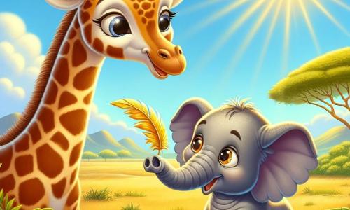 Una maestosa giraffa di nome Gina, con un lungo collo macchiato di marrone e arancio, si erge nella savana, con un sorriso dolce e curioso sul volto. I suoi grandi occhi brillano di eccitazione mentre tiene delicatamente una piuma dorata tra le zampe anteriori. Accanto a lei, un piccolo elefante di nome Elio, con la pelle grigia e grandi orecchie, guarda la piuma con meraviglia, i suoi occhi scintillanti di gioia. Lo scenario è una vasta savana soleggiata, punteggiata di erbe alte e alcuni alberi con foglie verde brillante, sotto un cielo blu splendente. La scena principale mostra Gina ed Elio, uniti nella loro ricerca per ritrovare il proprietario della piuma dorata, condividendo un momento di amicizia e avventura sotto il sole radioso.