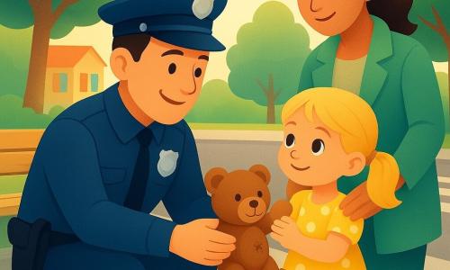 Un poliziotto sorridente dalla pelle chiara e capelli corti castani in uniforme blu con distintivo argento, accovacciato mentre porge a una bambina di circa 4 anni con trecce bionde e vestito giallo a pois bianchi un piccolo orso di peluche macchiato ma rattoppato; la bambina lo stringe al petto guardandolo, vicino alla madre (circa 30 anni, pelle olivastra, capelli castani raccolti, cappotto verde chiaro) con la mano sulla spalla della figlia e un sorriso di sollievo; sullo sfondo panchina in legno chiaro, marciapiede, attraversamento pedonale, alberi e una piccola scuola con finestre colorate, luce soffusa del tardo pomeriggio, atmosfera calda, espressioni e gesti teneri.