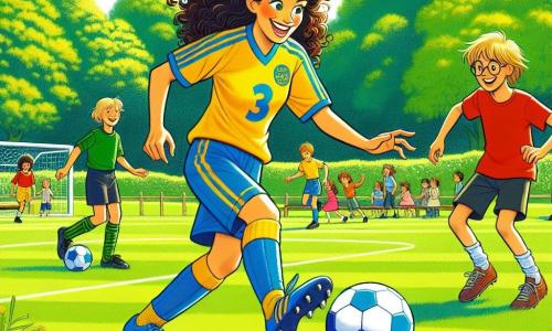 Mia, an athletic woman with long curly hair, wears a bright yellow soccer uniform with blue stripes. She has a big smile on her face, showing her joy and enthusiasm as she dribbles the ball on the field. Max, an 8-year-old boy with messy brown hair and glasses, sits on the edge of the field, watching Mia with admiration. He wears a red t-shirt and black shorts, ready to play but a little nervous. The setting is a sunny park with a large green soccer field surrounded by flowering trees and colorful flowers. Children play in the background, laughing and having fun under a clear blue sky. The main scene shows Mia teaching Max how to dribble the ball, creating a joyful and friendly atmosphere that illustrates teamwork and learning soccer.