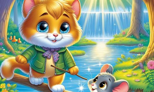 Un piccolo gatto di nome Micio, con un pelo morbido e dorato e occhi brillanti come stelle, si trova sul bordo di un ruscello scintillante, mostrando un'espressione di curiosità ed eccitazione. Accanto a lui, un piccolo topolino, con un pelo grigio e occhi rotondi, guarda Micio con ammirazione, un sorriso riconoscente sul volto. Sullo sfondo, si estende una foresta incantata, piena di alberi maestosi con foglie verdi brillanti, fiori colorati e raggi di sole che filtrano attraverso i rami. Micio aiuta il piccolo topolino ad attraversare il ruscello, usando un bastone come ponte, illustrando un momento di cameratismo e gentilezza in un ambiente magico.