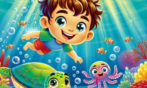 Um menino de 4 anos, Miguel, com cabelo castanho bagunçado e olhos brilhantes de curiosidade, nada alegremente na água clara, com um grande sorriso no rosto. Ele usa uma touca de peixinho colorida que flutua ao seu redor, e seus braços estão abertos, como se quisesse abraçar o mundo subaquático. Ao seu lado, uma tartaruga marinha chamada Tarta, com uma carapaça verde e olhos suaves, nada lentamente, parecendo amigável e protetora. Um pouco mais longe, um pequeno polvo chamado Polvinho, com tentáculos rosas e olhos travessos, faz bolhas enquanto brinca, acrescentando alegria à cena. O fundo da ilustração mostra um recife de coral vibrante, cheio de corais vermelhos, amarelos e roxos, e peixes coloridos nadando ao redor, criando uma atmosfera mágica e viva. A luz do sol filtra através da água, iluminando a paisagem subaquática com reflexos cintilantes. A cena principal mostra Miguel, Tarta e Polvinho explorando juntos, com expressões de alegria e admiração, descobrindo as maravilhas do oceano enquanto buscam o caminho de volta à superfície.