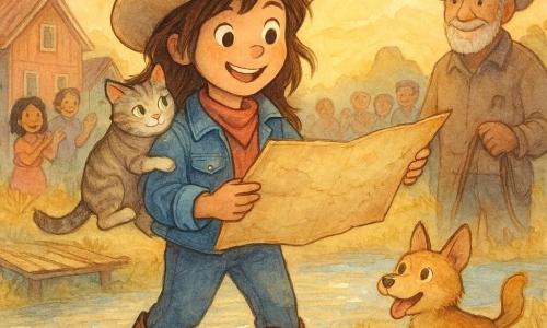 Rosie, een meisje van ongeveer 12, blij en trots, bruin haar onder een beige cowgirlhoed, spijkerjasje en bruine laarzen, houdt een vergeelde open kaart; Jack, een klein prairiehondje (reu), springt naast haar bij haar rechtervoet naar de kaart; Dotje, een klein gestreept grijs‑wit poesje, zit tegen haar linkerschouder aan; meneer Sam, ongeveer 70, gerimpeld gezicht en korte witte baard, versleten hoed, glimlacht op afstand terwijl hij de teugel van zijn paard Zilver buiten beeld vasthoudt; locatie: klein dorpsplein aan een rivier bij zonsondergang met gekleurde houten huizen, gouden droge grassprietjes, een glinsterende rivier en een oud gebroken houten bruggetje links; situatie: Rosie toont de complete kaart trots, een omgekeerde metalen emmer lekt een dun stroompje water uit een gat, lachende dorpelingen klappen op de achtergrond, warme heldhaftige sfeer in zachte aquarelkleuren met witte glansaccenten op het water en de hoed.
