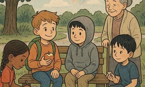 An 8-year-old boy, Sam, smiling and attentive with light brown hair and a cowlick, wearing a small green backpack and holding a halved apple, sits on a worn wooden bench with a warm, relaxed expression; Jonah, about 8, shy but happy in a gray hoodie with a hole in the sleeve, sits beside him swinging his feet; Mia, about 7, lively and focused with colorful braids, kneels left of the bench drawing in a small sketchbook; Mrs. Rivera, about 60, smiling and gentle with gray hair in a bun, leans on a cane with a grocery bag standing behind the bench at right watching the children kindly; Arlo, about 9, shy and awed with black hair still wet from the rain, holds a smooth stone while sitting on a blue folding chair at the end of the bench; setting: an urban park with a large elm with dark green leaves, gravel path, silver puddles, reedbeds, a small pond with ducks and a bright rainbow after the rain; scene: children and the woman gathered around the bench with the added blue chair, soft warm mood, water droplets sparkling on the wood, pastel-saturated colors, newspaper-print textures, composition centered on the bench and expressive faces.