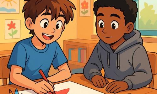 A 12-year-old boy, Max, with messy brown hair and sparkling curious eyes, joyfully smiles as he draws on a large sheet of paper. He wears a blue t-shirt and beige shorts, sitting at a wooden table in a bright classroom filled with vibrant colors. Next to him, Samir, a 12-year-old boy with curly black hair and olive skin, attentively watches Max's drawing, his face showing a mix of wonder and concentration. He wears a gray hoodie and black pants, hands resting on the table, ready to draw a burger. In the background, the classroom is decorated with colorful posters and children's drawings, with windows allowing sunlight to stream in, creating a warm and welcoming atmosphere. The main scene shows Max and Samir collaborating on a class project, united by their creativity and budding friendship, illustrating the theme of tolerance and acceptance of differences.