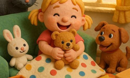 A joyful, relieved 2-year-old girl with a round face, rosy cheeks and blonde pigtails hugs a light-brown teddy as it emerges from under a polka-dot blanket; a gray cat named Fluffy with green eyes sits on the left of the sofa watching, a brown dog named Buddy wags his tail by the coffee table on the right, and a white plush bunny called Bunny lies near the teddy, all in a bright living room with a colorful star rug, an open toy box with scattered toys, a green sofa and a yellow-curtained window letting in sunlight — the warm, secure scene of the girl's happy discovery.
