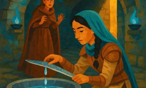 Knight woman (Samira), ~22, calm and determined, kneeling before a cracked stone basin, gently placing a polished steel flat blade over the crack like a bridge, light brown leather armor and teal veil, black hair braided, focused on the rising water; lookout woman (Zahra), ~25, surprised and relieved, dry-leaf colored cloak, braided hair with copper rings, standing a few steps back by a wall, hands half-raised as if holding back magic, eyes on the fountain; underground chamber beneath an old stone bridge, cut stone covered in pale blue glowing moss, blue-flame lamps on shelves, silver fissures in the basin like moon-dust, a thin shaft of golden light; main situation: the fountain slowly fills, droplets bead on the guiding blade, silver dust swirls in calm ribbons, atmosphere of quiet tension and subtle miracle.