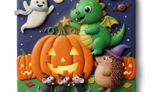 A small glittery green modeling-clay dragon with shiny round eyes smiles proudly as it sticks a small golden star onto a huge orange pumpkin; a chubby brown clay hedgehog in a purple wizard hat supports it with a paw, three light-gray mice dressed as tiny witches form a little ladder against the pumpkin, a friendly translucent white ghost waves a silver scarf at left, smiling bats flutter upper right, all in a patch of carved pumpkins with yellow and red dry leaves and flattened green grass under a dark blue night sky with a pale moon and dotted stars; the scene is a cozy, collaborative Halloween moment with bright colors, rounded shapes, visible clay texture, and the pumpkin beginning to emit a soft golden glow.