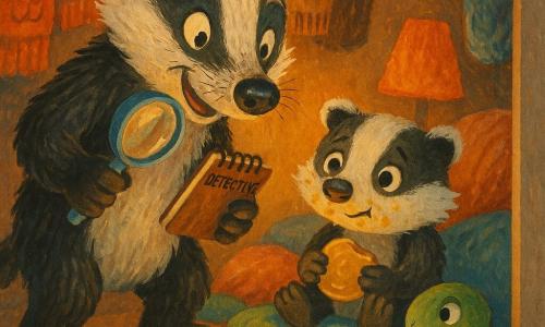 Benny the badger (main) stands half‑bent, radiant and focused, bright eyes and messy whiskers, textured black-and-white fur, holding a shiny magnifying glass in one paw and a detective notebook in the other; Bella the little sister sits on a pile of colorful coats, honey-sticky cheeks, guilty but shy, holding a half pancake; Tilly the turtle kneels by the door, green patterned shell, curious smile, pointing at a small shiny spoon on the floor; the scene is a closet turned cozy fort with thick wool and fur coats, crushed cushions, a warm lamp casting soft orange light, and crumbs and honey traces on the fabric; the main moment is the tender, funny discovery of the pancake theft, in a warm close-up with warm contrasting colors, visible gouache brushstrokes and paper textures.