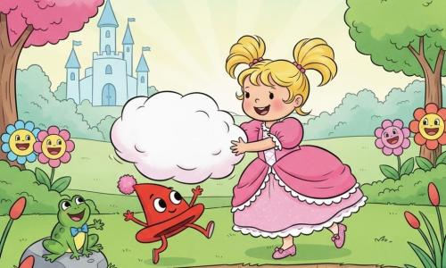 A smiling little princess with blonde pigtails in a ruffled pink dress and shiny slippers reaches to tickle a fluffy cloud over a sparkling pond; a red pompom hat with big round eyes bounces on the grass beside her; a small joyful green frog with a blue bow tie laughs on a nearby stone; a white cloud with pink-edged fluff floats low above the pond, with a pale blue castle, round colorful trees, a mirror-like pond, big smiling flowers and a pastel sky with soft sunbeams—calm, colorful scene with rounded motion, exaggerated smiling expressions, bright contrasting colors and thick black outlines like 1990s cartoons.
