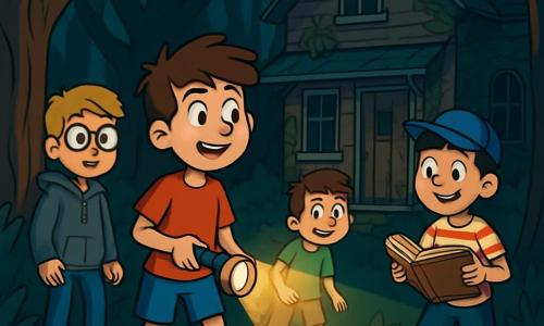 There are 4 children: Max, a 12-year-old boy with messy brown hair and sparkling curious eyes, wearing a red t-shirt and blue shorts, holding a flashlight that lights the path ahead; Leo, an 11-year-old boy with blonde hair and round glasses, looking a bit nervous in a gray hoodie and jeans, standing close to Max and looking around with a worried expression; Ben, a small and quick 10-year-old boy with brown hair and a mischievous smile, wearing a green t-shirt and worn sneakers, slightly back, observing the house with fascination; and Oliver, an 11-year-old boy with black hair and a blue cap, curious and enthusiastic, dressed in a striped t-shirt and shorts, rummaging through an old book he found in the house. The main setting is an old abandoned house in the heart of the Whispering Woods, surrounded by majestic trees with gnarled trunks and dark leaves, creating a mysterious atmosphere. The dusty, cracked windows and the softly creaking wooden door seem to whisper forgotten secrets, while vines climb the walls and shadows dance around, adding a touch of eeriness to the environment. The main situation shows the children discovering the abandoned house, their faces illuminated by Max's flashlight, fascinated and a bit scared, standing together, ready to explore the hidden secrets inside.