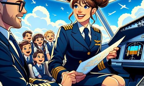 Una piloto de avión, una mujer de unos treinta años, sonriente y llena de determinación, se encuentra en la cabina de pilotaje. Lleva un uniforme azul marino con una corbata amarilla, su cabello castaño recogido en un moño, y mira con entusiasmo a través de la ventanilla, observando las nubes blancas y esponjosas. A su lado, su copiloto, un hombre de unos treinta años con gafas y barba bien cuidada, consulta mapas de vuelo, mostrando una expresión concentrada y amigable. El decorado es el de una cabina de avión moderna, con instrumentos de vuelo coloridos y pantallas luminosas que parpadean. Fuera, un cielo azul brillante se extiende hasta donde alcanza la vista, salpicado de nubes. La situación principal muestra a la piloto compartiendo historias emocionantes con niños sentados detrás de ella, cuyos rostros están iluminados por la emoción mientras descubren el mundo desde el aire.