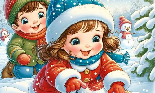 A one-year-old girl with a big joyful smile is wearing a bright red coat and a blue hat. She is touching the snow, her little hands sinking into the fluffy white, her cheeks rosy with happiness. Next to her, her friend Ben, a one-year-old boy with messy brown hair and a green hat, laughs as he slides on the ice. He is slightly behind, watching Lily with sparkling eyes of excitement. The scene takes place in a snowy schoolyard, surrounded by trees laden with snow, with flakes gently falling from the light blue sky. Lily and Ben are discovering the magic of winter, playing together in the snow, making snowmen, and admiring the falling flakes, filled with joy and wonder.