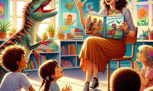 A cena mostra a professora Clara, uma mulher jovem com cabelos castanhos e óculos redondos, sorridente e cheia de alegria, sentada em um tapete colorido em uma sala de aula iluminada. Ela segura um livro ilustrado de dinossauros, cativando a atenção de seus alunos. Ao lado dela, Pipo, um garoto de 8 anos com cabelos bagunçados e uma camiseta azul, levanta a mão com entusiasmo, seu rosto iluminado pela excitação. Sara, uma menina de 7 anos com tranças e um vestido florido, está sentada de pernas cruzadas, ouvindo atentamente, os olhos brilhando de imaginação. A sala de aula é decorada com desenhos coloridos nas paredes, prateleiras cheias de livros com capas vibrantes e um quadro negro brilhante. Raios de sol filtram pelas janelas, iluminando o espaço. A situação principal mostra Clara contando uma história empolgante, enquanto as crianças, fascinadas, se deixam levar pela aventura, com rostos expressando curiosidade e deslumbramento.