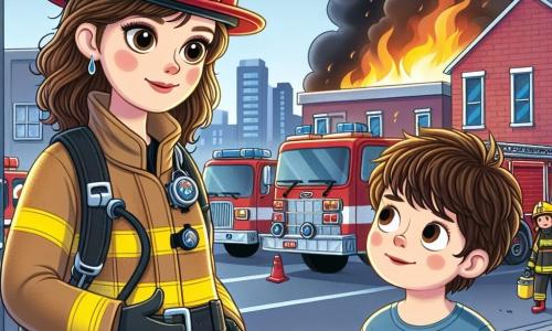 Clara, una valiente mujer bombera, lleva un casco rojo brillante y un traje de bombero amarillo. Su rostro es decidido, pero se puede ver una chispa de bondad en sus ojos. Está hablando con un niño, Luis, de unos 8 años, con cabello castaño desordenado y una camiseta azul. Luis, con los ojos muy abiertos de admiración, mira a Clara con una sonrisa maravillada, de pie junto a ella en la acera. El lugar está frente a un edificio de ladrillos rojos, parte del cual está envuelto en humo negro y llamas naranjas. Camiones de bomberos brillantes están estacionados cerca, con bomberos trabajando alrededor, mientras el cielo tiene tonos de azul y gris. La situación principal muestra a Clara explicando a Luis la importancia del trabajo en equipo como bombero, mientras observan juntos el fuego que sus colegas están controlando.