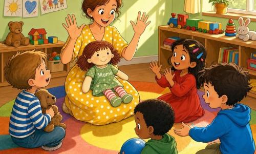 Eine lächelnde, wohlwollende Lehrerin mit kastanienbraunen Haaren im Dutt und gelbem Kleid mit weißen Punkten hält die große Stoffpuppe Momo und zeigt mit einer sanften Geste die Haltung „Hände hoch“ und sagt „Nein, danke“. Links sitzt der etwa fünfjährige Tim mit einem braunen Kuscheltier an der Brust, rechts die etwa fünfjährige Amina mit bunten Haarspangen und rotem Kleid, die mit offenen Händen „Nein, danke“ nachahmt; gegenüber sitzt der lockige Luis (ca. 5) schüchtern mit einem blauen Ball im Schoß, hinter ihm reicht der etwa fünfjährige Noah mit offenen Handflächen nach dem Ball. Die Klasse bildet einen Kreis auf einem mehrfarbigen Teppich, die Wände sind hellgrün mit Alphabetpostern und Kinderzeichnungen, ein Holzbord mit Spielzeug und warme Sonnenflecken auf dem Teppich. Gesamteindruck: eine sanfte, beruhigende Szene, in der die Lehrerin freundlich Grenzen zeigt; ruhiger, klarer Ausdruck, sichtbare Gesten, Kinder, die zuschauen und nachahmen, warme, sichere Atmosphäre in leuchtenden Farben und klaren, comicartigen Konturen.