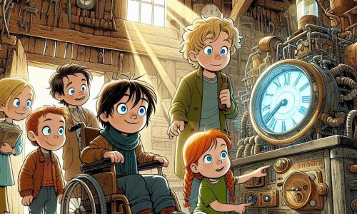 In een oude houten schuur staan vijf kinderen bij elkaar, met grote ogen. Max, een vijfjarig jongetje in een rolstoel, heeft rommelig bruin haar en een grote glimlach. Rechts van hem wijst Sofie, een vijfjarig meisje met blond haar en vlechten, naar een grote glanzende machine. Naast haar kijkt Lotte, een ander vijfjarig meisje met rood haar en sproeten, verwonderd. Sam, een vijfjarig jongetje met een bril en zwart haar, houdt een avonturenboek vast, terwijl de laatste jongen, Tom, met kastanjebruin haar en een groene t-shirt, zich bukt om een knop op de machine te bekijken. De schuur is gevuld met licht, met zonnestralen die door de kieren in de houten muren komen. Oude gereedschappen hangen aan de muren, en in het midden staat een enorme tijdmachine met knipperende lichten en zichtbare tandwielen. De kinderen maken zich klaar om de machine binnen te gaan, enthousiast om hun tijdreis naar de prehistorie te beginnen, waar ze een klein dinosaurusje willen redden van een groep jongens die het willen vangen.