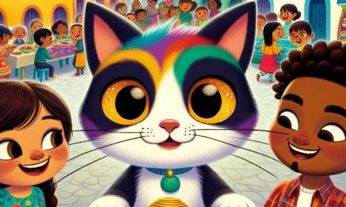 Un gato colorido llamado Oliver, con un pelaje multicolor y ojos brillantes de curiosidad, está en el centro de la escena, ronroneando de felicidad mientras observa una fiesta en la plaza. A su derecha, un niño llamado Jorge, de origen latinoamericano, con cabello castaño y ojos chispeantes, sonríe sosteniendo un tamal en su mano, listo para compartir su cultura. A su izquierda, Amina, una niña de origen norteafricano con cabello rizado y un vestido colorido, ríe alegremente sosteniendo un plato de harira, invitando a los demás a probarlo. La escena transcurre en una pequeña plaza animada, rodeada de edificios coloridos y mesas decoradas con manteles vivos, donde familias de diferentes orígenes comparten platos tradicionales, creando una atmósfera cálida y festiva. La situación principal muestra a Oliver, el gato, en medio de una fiesta de barrio, donde niños y adultos intercambian sonrisas y platos típicos, celebrando la diversidad y la amistad en un ambiente alegre.