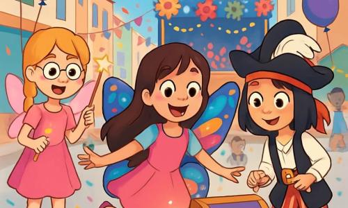 Hay 3 personajes: - Lucía: una niña de 11 años, con largos cabellos castaños y ojos brillantes. Lleva un disfraz de mariposa con alas multicolores que brillan bajo el sol. Baila alegremente en el centro de la imagen. - Marta: una niña de 11 años, con trenzas rubias y gafas redondas. Está disfrazada de hada, con un vestido rosa y alas brillantes. Sostiene una varita mágica y sonríe, un poco detrás de Lucía. - Sofía: una niña de 11 años, con cabello negro y un pañuelo rojo. Viste de pirata, con un sombrero de plumas y pantalones rayados. Se encuentra a la derecha de Lucía, sosteniendo una pequeña llave dorada en la mano, con expresión intrigada. El lugar es una calle animada de la ciudad de Arcoíris, decorada con banderines de colores y globos flotantes. Niños ríen y bailan alrededor de un gran escenario adornado con flores de papel y luces brillantes. El cielo es azul, y confeti vuela en el aire, añadiendo a la atmósfera festiva. La situación principal muestra a las tres amigas descubriendo una caja colorida escondida detrás de un tambor gigante. Están asombradas, con expresiones de sorpresa y alegría en sus rostros, listas para abrir juntas el tesoro del carnaval.