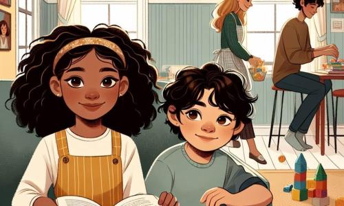 Una niña de 11 años, Ana, con cabello rizado y castaño, y ojos llenos de curiosidad, está sentada en un sofá cómodo, sonriendo suavemente mientras sostiene un libro abierto en sus piernas. A su lado, su hermano pequeño Lucas, de 6 años, con cabello rubio alborotado y una mirada inocente, construye una torre de bloques de colores, con juguetes esparcidos a su alrededor. Su mamá, de unos treinta años, con cabello largo y liso y un delantal, está en la cocina abierta sonriendo mientras los observa, mientras que su papá, de unos cuarenta años, con una barba ligera y un aire pensativo, está sentado en la mesa hojeando documentos. La habitación es cálida y acogedora, con paredes pintadas de amarillo pastel, fotos familiares colgadas y una luz suave filtrándose a través de las cortinas. La situación principal muestra a Ana compartiendo sus reflexiones sobre la comunicación familiar, creando un momento de conexión y comprensión entre todos los miembros de la familia.