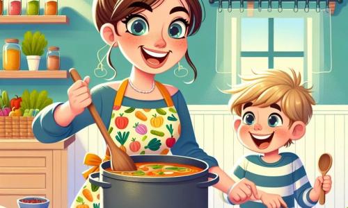 Een glimlachende en blije vrouwelijke chef-kok, Emma, staat in het midden van de keuken. Ze heeft bruin haar in een knot en draagt een kleurr apron met groentepatronen. Ze roert in een grote pan soep, met sprankelende ogen van opwinding. Naast haar kijkt een jongetje genaamd Sam, ongeveer 7 jaar oud, met rommelig blond haar en een gestreept t-shirt, verwonderd toe. Hij houdt een houten lepel vast en lijkt ongeduldig om de soep te proeven. 

De keuken is ruim en licht, met pastelgele muren, planken vol kleurrijke kruidenpotten en verse groenten op het houten aanrecht. Grote ramen laten zonlicht binnen, wat de warme sfeer verlicht.

De belangrijkste situatie toont Emma en Sam die samen een heerlijke soep bereiden, omringd door kleurrijke groenten, wat een vrolijke en vriendelijke sfeer creëert, waarin de magie van de keuken tot leven komt.
