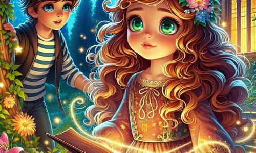 Al centro dell'immagine, Lila, una giovane strega di otto anni, è in piedi nel suo giardino segreto. Ha lunghi capelli ricci e occhi verdi brillanti, pieni di meraviglia e determinazione. Indossa un vestito colorato decorato con stelle scintillanti e tiene un libro antico aperto tra le mani, circondata da una dolce luce magica che illumina il suo viso. Accanto a lei, Tommaso, un ragazzo di nove anni con capelli castani e occhi pieni di curiosità, osserva con fascinazione. Indossa una camicia a righe e pantaloni di jeans, e si è piegato in avanti, pronto ad aiutarla nelle sue avventure magiche. Il giardino segreto è un luogo incantevole, pieno di fiori colorati che danzano al ritmo del vento, grandi alberi con foglie dorate e lucciole che brillano nell'oscurità. Sullo sfondo, una vecchia biblioteca in pietra, coperta di edera, aggiunge un tocco di mistero all'ambiente. La scena principale mostra Lila e Tommaso mentre recitano un'incantesimo magico, i loro volti illuminati da una luce splendente che emana dal libro. Stelle e scintille di magia fluttuano attorno a loro, creando un'atmosfera di mistero e avventura, mentre si preparano ad affrontare le sfide della stregoneria.