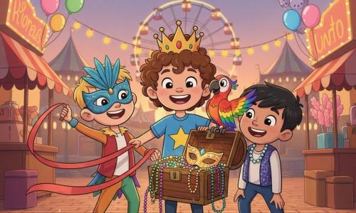 Three boys—Max (5), curly brown hair, blue T‑shirt with a yellow star and a gold crown, holding an open wooden chest at the center; Leo (6), short blond hair, wearing a blue feathered mask and colorful costume, to Max’s left waving a long floating red ribbon; and Sam (5), black hair, wearing a shiny beaded necklace and glittery vest, to Max’s right leaning in smiling—stand on a sunlit carnival square at dusk with multicolored lantern garlands, a lit Ferris wheel, pink cotton candy stalls and animal balloons; the chest overflows with masks, beads and shimmering ribbons, a rainbow‑winged parrot perches on Max’s shoulder, and the scene is joyful, colorful and softly lit.