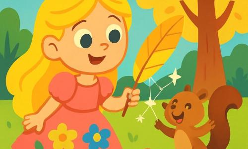 Eine Prinzessin namens Mira, etwa 8 Jahre alt, mit langen, glänzenden, goldenen Haaren, trägt ein rosa Kleid, das mit bunten Blumen verziert ist. Sie hat ein fröhliches Lächeln und funkelnde Augen voller Entschlossenheit und hält eine schöne goldene Feder in ihrer Hand. Neben ihr springt ein kleiner Eichhörnchen namens Pino, mit braunem Fell und lebhaften Augen, vor Freude, seine kleinen Pfoten erhoben, und drückt seine Dankbarkeit aus. Die Szene spielt in einer verzauberten Lichtung, wo bunte Blumen im Wind tanzen und Sonnenstrahlen durch majestätische Bäume filtern, was ein Spiel von Schatten und Licht erzeugt. Im Hintergrund steht ein großer Baum mit goldenen Blättern, der der Umgebung einen magischen Touch verleiht. Mira benutzt die goldene Feder, um Pino von einem schimmernden Spinnennetz zu befreien, was einen Moment des Mutes und der Freundschaft zeigt.