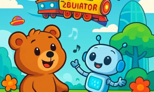 Un ursuleț de pluș adorabil, pe nume Pufi, cu blană moale de culoare maro și ochi rotunzi și strălucitori, zâmbește cu uimire în timp ce privește un tren zburător colorat care trece prin cer. Lângă el, un mic robot argintiu pe nume Zizi, cu lumini albastre strălucitoare pe burtă, dansează vesel plutind ușor deasupra solului. Decorul este un peisaj futurist strălucitor, cu clădiri din sticlă cu forme organice, copaci cu frunze luminescente și flori cântătoare care se leagănă ușor în vânt. Cerul este de un albastru strălucitor, presărat cu nori albi pufoși și vehicule zburătoare colorate. Scena îi arată pe Pufi și Zizi, uimiți de magia orașului lor, în timp ce descoperă împreună trenul zburător care transportă urși veseli prin cer, umplând aerul de râsete și muzică.