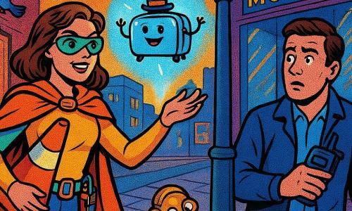 A determined, slightly amused young woman (about 25) wears an orange cape fastened with shiny paperclips, mismatched safety goggles (one green, one clear), a tool belt of gadgets, and holds an orange traffic cone under her arm while reaching toward a lamppost; beside her stands a cautious man (about 38) in a dark blue jacket holding a security radio and watching in surprise; at the lamppost base a small polished-brass beetle automaton with silver eyes and articulated legs bows like a mechanical emissary; gray and blue pigeons flutter and perch on wires; the setting is a sophisticated city street at dusk with cobblestones, a metallic lamppost projecting a floating hologram of a dancing toaster wearing a top hat, reflective museum windows and retro posters on the walls; the scene depicts a lighthearted negotiation—the woman uses her cone and tools to calm the holographic lamppost while the man observes and the scarab automaton mediates, rendered in bright colors, strong contrasts, dynamic lines and caricatured expressions.