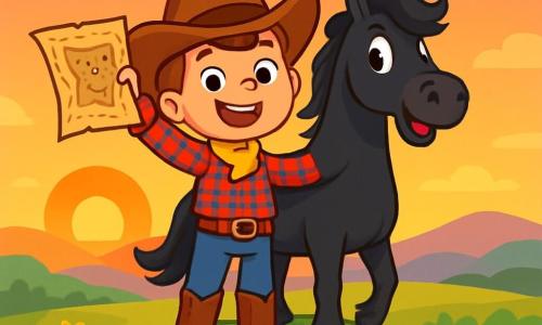 Een jonge cowboy, Sam, staat op een hoge heuvel met een grote glimlach van opwinding op zijn gezicht. Hij draagt een bruine cowboyhoed, een rood-blauwe geruite shirt en versleten leren laarzen. Naast hem staat zijn trouwe paard, Storm, een prachtige zwarte mustang met golvende manen, die ongeduldig en energiek lijkt. Op de achtergrond is de lucht gekleurd in warme tinten oranje en roze terwijl de zon langzaam aan de horizon ondergaat. De prairie strekt zich uit zover het oog reikt, bezaaid met gele en paarse wilde bloemen, en in de verte zijn golvende heuvels te zien. De hoofdsituatie toont Sam die zijn kaart omhoog houdt, trots op zijn ontdekkingen, terwijl Storm naast hem staat, klaar voor nieuwe avonturen.