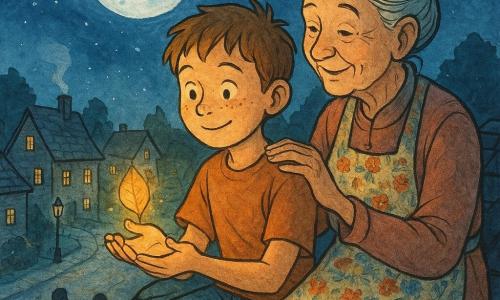 A 10-year-old boy, Milo, round face with freckles and short tousled brown hair, sits on a slate roof holding a small golden leaf while a warm floating cup of light (soft amber rays) hovers above his palm; an elderly woman (grandmother), about 70, gray hair in a bun, soft crow’s feet, smiling protectively with her hand on his shoulder and wearing a floral apron, sits beside him and looks at the light affectionately; in the background the village of Willowmere with stone houses, sloped roofs, a paved lane, a smoking chimney and wrought-iron lampposts under a large blue full moon and starry sky, with a few silhouettes of children and animals (chickens, cat) at the base of the roof; graphic feel: crisp black ink lines, blue and amber watercolor washes, visible paper texture, glittering reflections on the cup of light and long moonlit shadows; overall a calm, magical homecoming moment of tenderness and wonder, composition centered on the hands, golden leaf, and luminous cup.